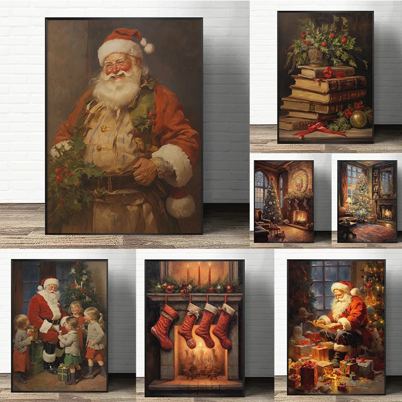 Vintage Merry Christmas Christmas Trees Gifts Snowman Stacking Victorian Art Poster Canvas Painting Wall Art Pictures Home De