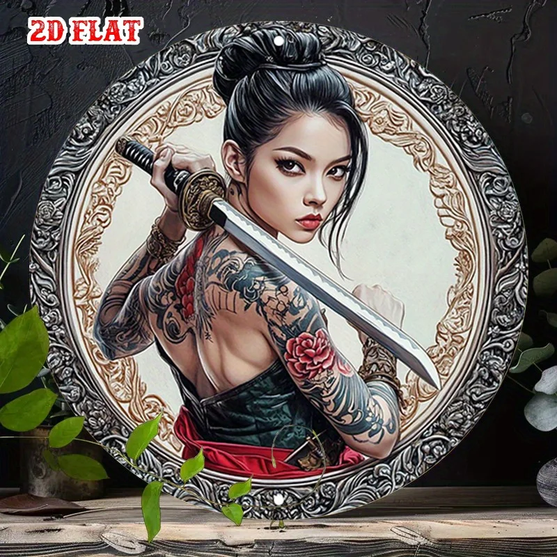[2D Flat] 1pc Tattoo Round Aluminum Sign - Warrior Metal Wall Art, Female with Sword, Rustic Bohemian Style, 19.99cm Round Frame