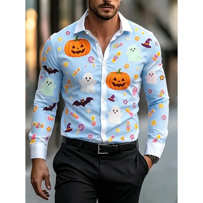 Men's Light Blue Cartoon Sticker Halloween Print Long Sleeve Shirt Button Up Casual Holiday Party Shirts