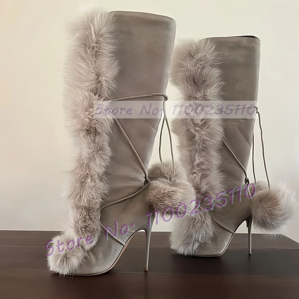 

Beige Poms Heeled Knee High Boots Women Elegant Pointed Toe Cross Tied Fur Shoes Ladies Fashion Lace Up Furry Suede Tall Boots