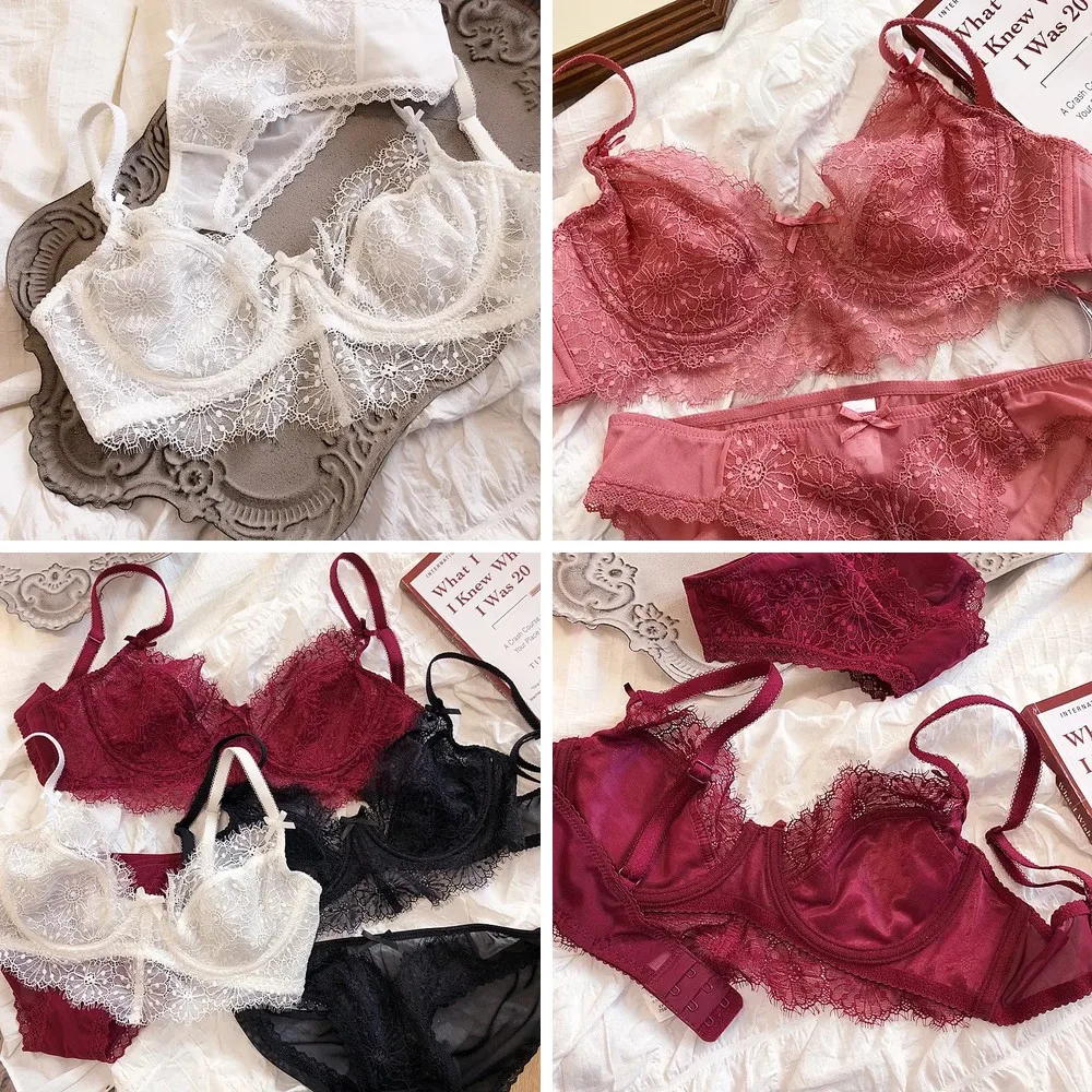 

Sexy Lace Bralette & Panty Set with Memory Steel Ring, Romantic Daisy Lace Trim, Ultra-Thin Comfort