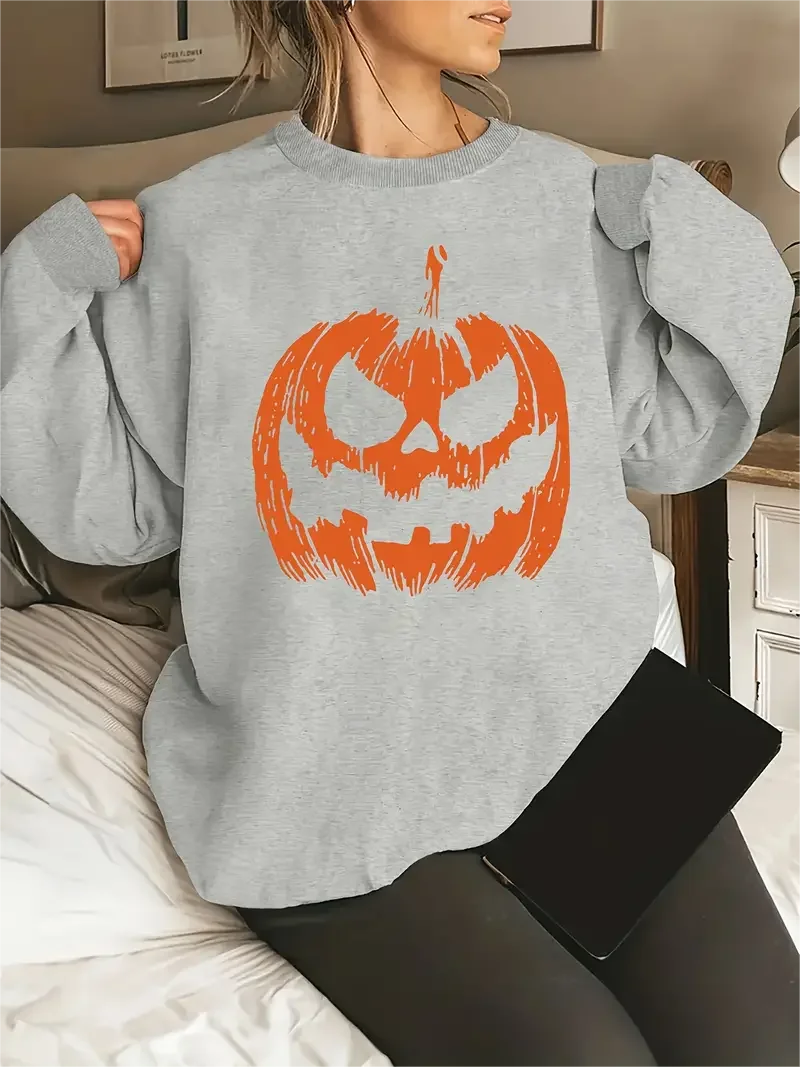 Plus Size Casual Sweatshirt Women Halloween Pumpkin Print Long Sleeve Round Neck Pullover