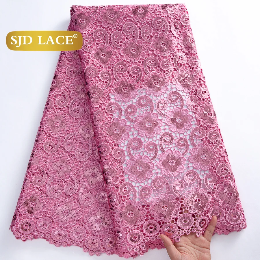 SJD LACE White African Lace Fabric 2025 High Quality Guipure Cord Lace Wedding Dresses Nigerian Water Soluble Stones SewingA3987