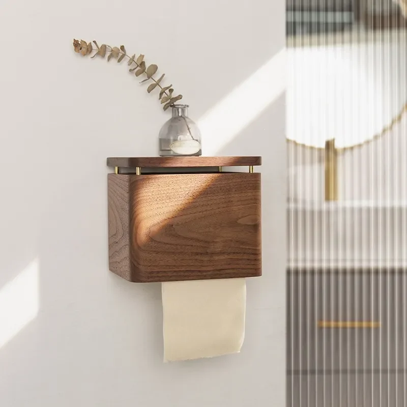 Solid Wood Toilet Paper Holder Wall Mounted Waterproof Tissue Box No Drilling Bathroom Roll Storage Rack Home Decor Accessory