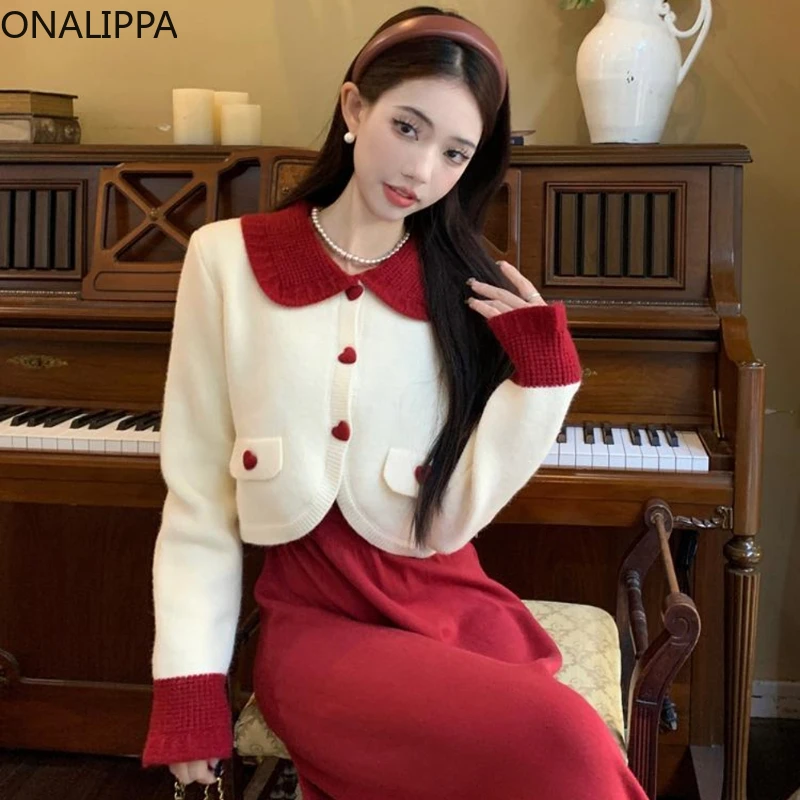 Onalippa Peter Pan Collar Knitted Cardigan Women Gentle Wind Heart Shape Buttons Cropped Cardigans Korean Princess Style Sweater