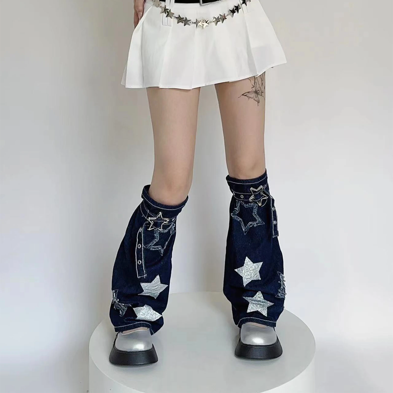 Y2k Women's Gothic Denim Leg Warmers Star Print Harajuku Calf Sockings with Belt Loose Jean Punk High Socks