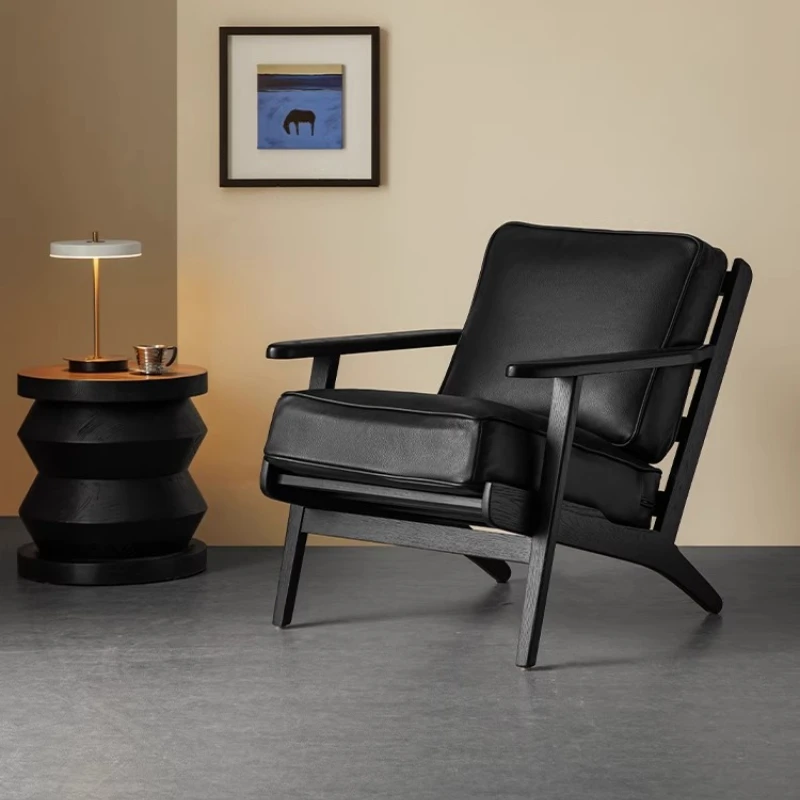 

Sofa chair Modern simple casual solid wood living room home black leather single chair