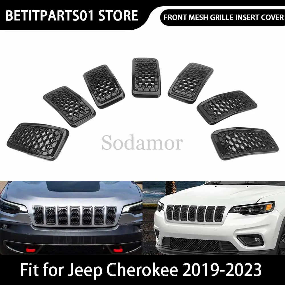 

Для Jeep Cherokee 2019 2020 2021 2022 2023 7 шт. автомобильная деталь из АБС-пластика, передняя сотовая сетка, решетка, вставка, накладка, черная
