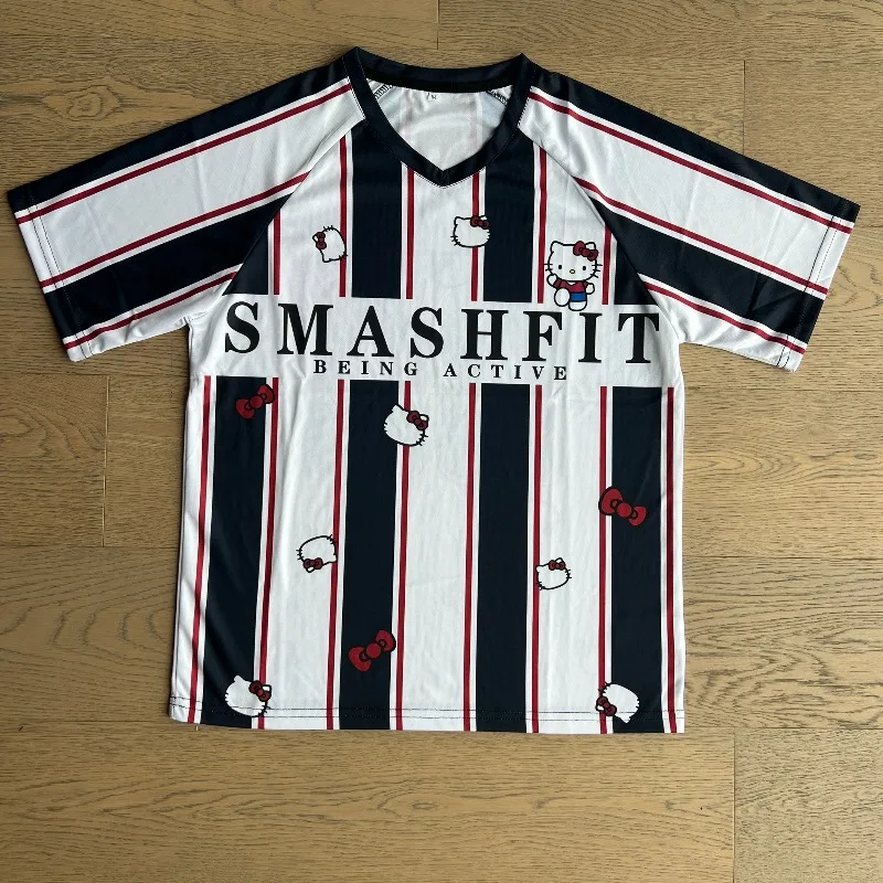 

New striped contrasting color Hello Kitty badminton suit women's short sleeved top breathable quick drying jersey