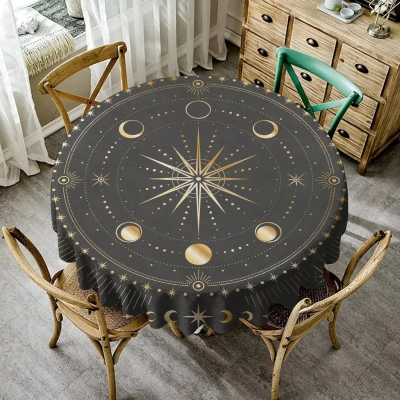 VIKAMA Moon Phase Pattern Tablecloth, Featuring Golden Milky Way, Sun, Moon, Mysterious Celestial Bodies And Tarot Card Patterns
