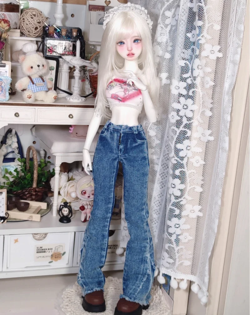 bjd doll clothes suitable for 1/4 size all-in-one wash denim bell-bottom micro-cut + love strap doll accessories