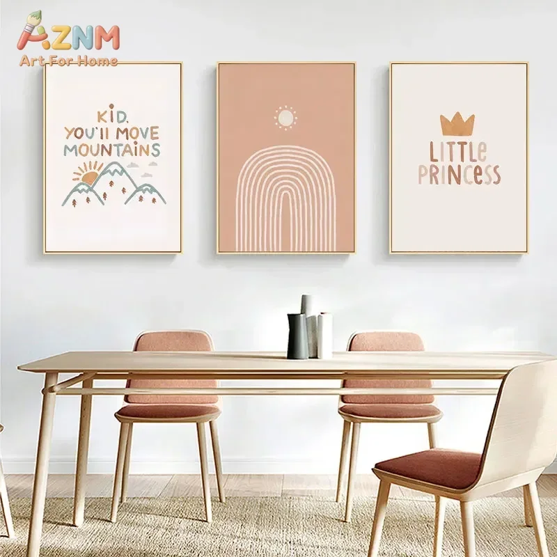 AZNM Boho Neutral Nursery Canvas Print Rainbow Mountain Crown Little Princess Soft Blush Inspirational Quote Unframed Wall Poste