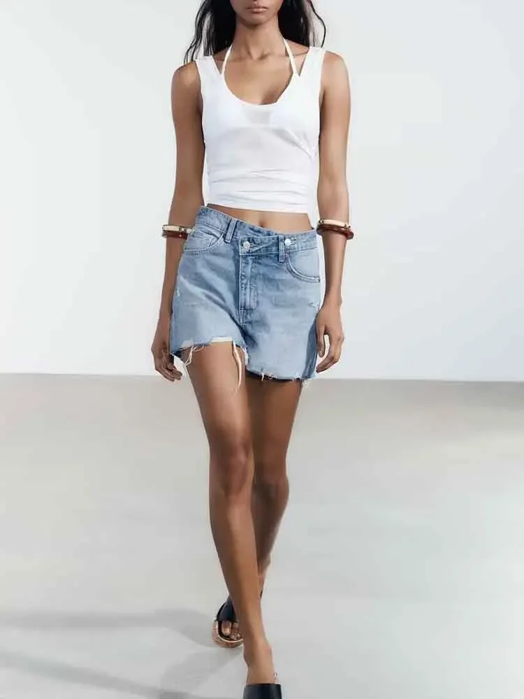 

European style new women's clothing fashionable and versatile temperament simple cross waist high waist denim shorts
