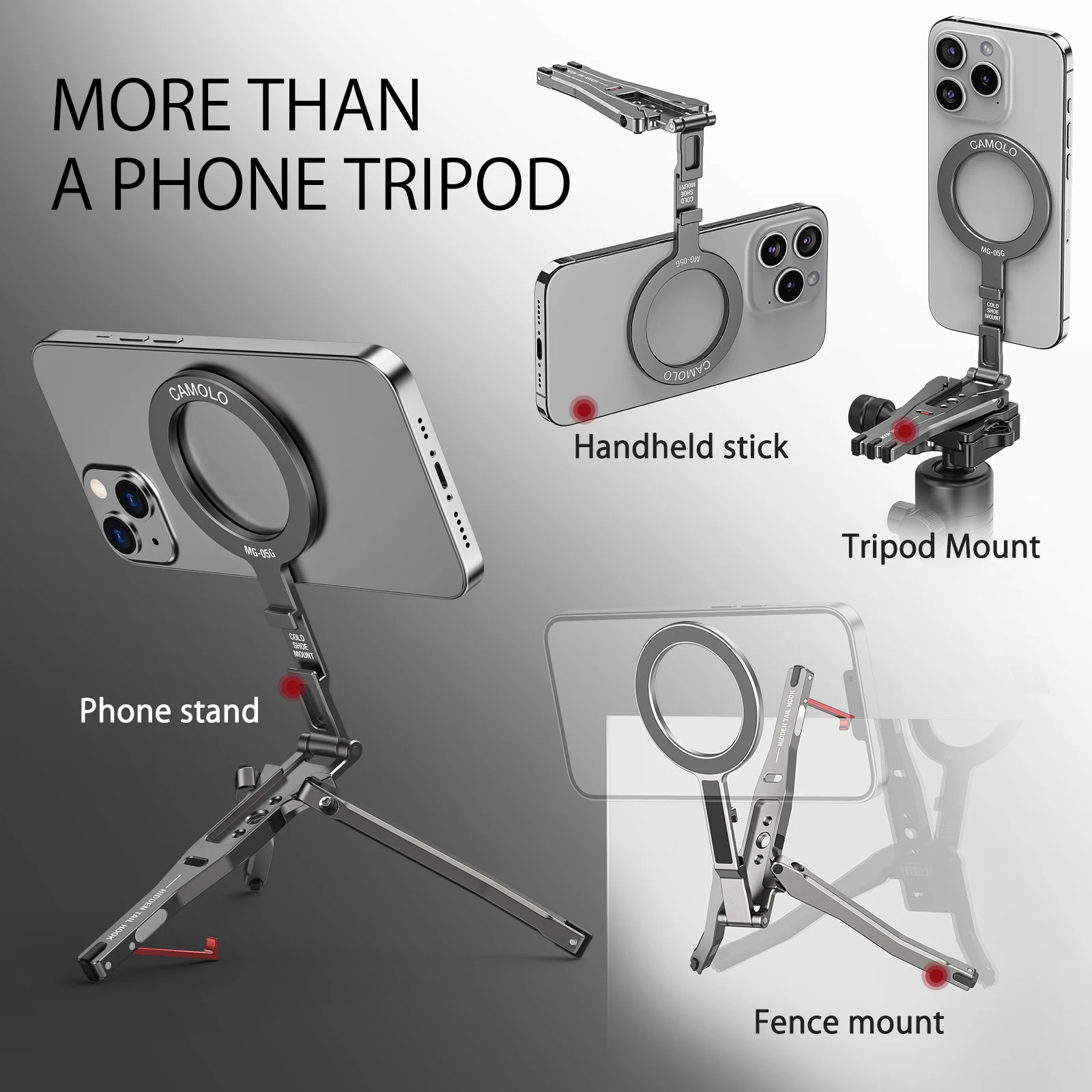 حامل ثلاثي للهاتف بجيب مغناطيسي قابل للطي من Camolo مع خطاف حامل هاتف Magsafe مع حلقة لهاتف iPhone Android HUAWEI حامل ثلاثي القوائم