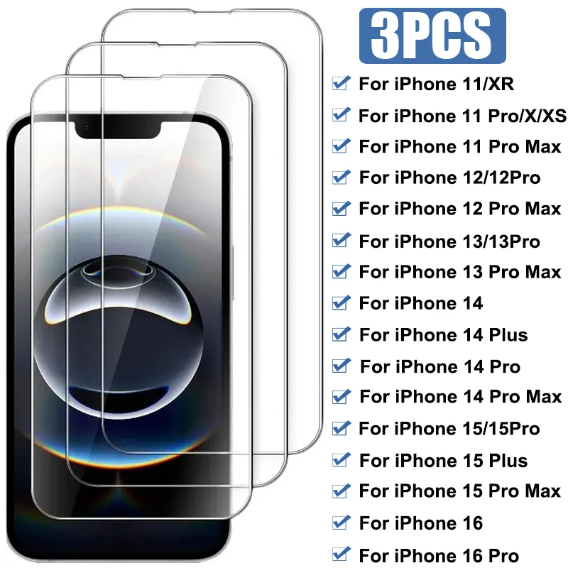 

3PCS Tempered Glass For iPhone 16E 16 15 14 13 Pro Max Mini 15 Plus Screen Protector on for iPhone 11 12 Pro X Xr Xs Max Glass