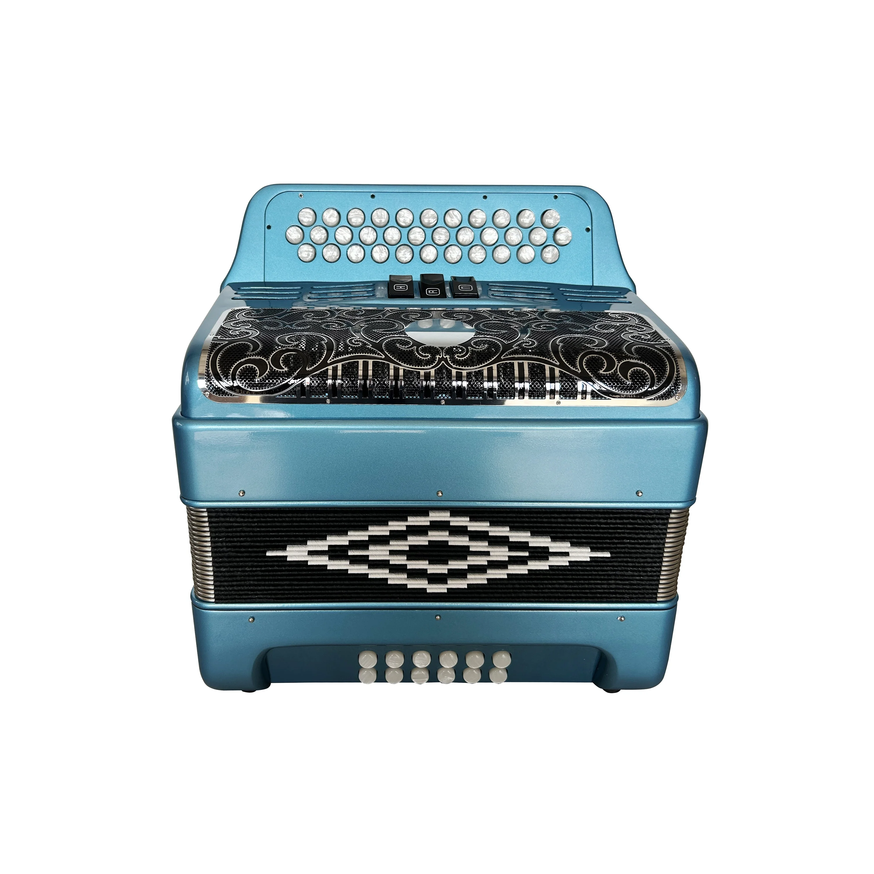 High Quality Diatonic Accordion Instrument 34 Buttons 12 Basses 3 Registers Blue Metallic  Acordeon Black Silver Grill