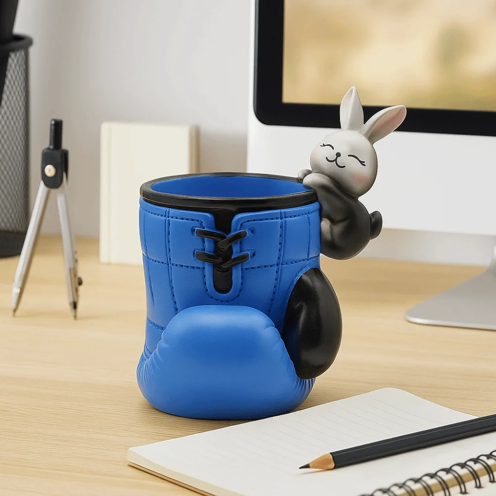 قفازات ملاكمة من الراتنج متعددة الأغراض، قاعدة ثابتة مع حامل أقلام على شكل حيوانات كرتونية، هدية صندوق أقلام أزرق/أحمر