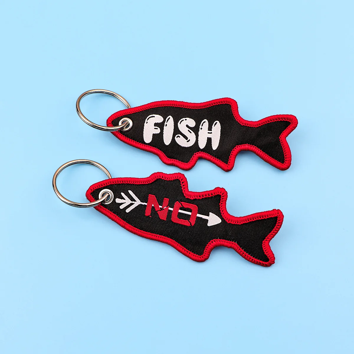Cartoon Fish Woven Label Keychain Outdoor Fishing Decorative Woven Fabric Keyring For Car Motorcycle Key Pendant Accessories
