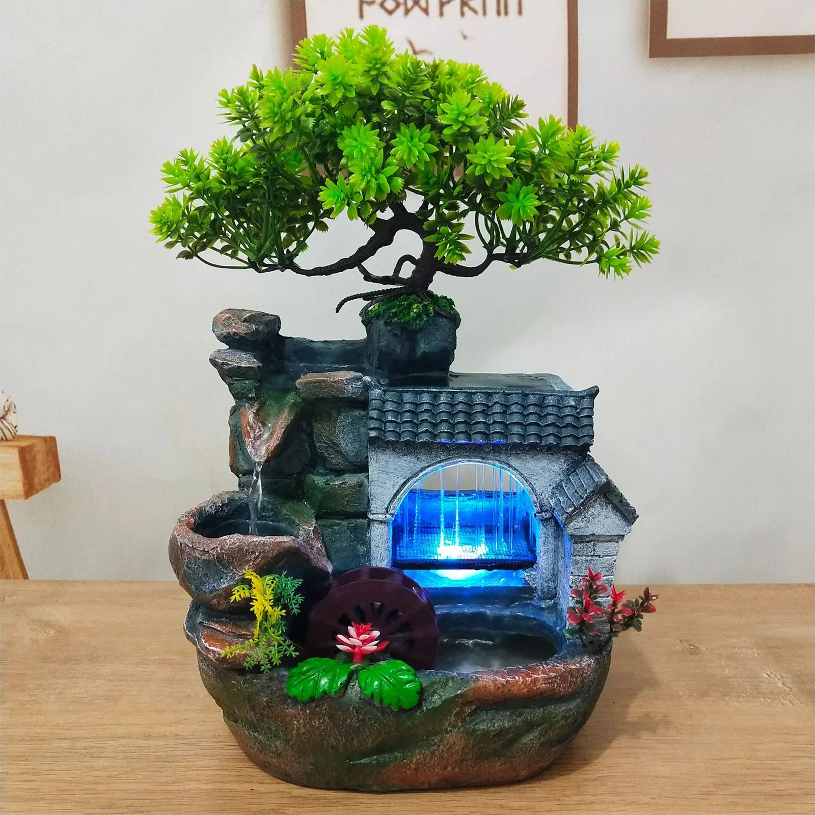 

Indoor Relaxation Desktop Fountain Waterfall, Tabletop Water Fountains Ornament with Artificial Tree&LED Light,Rockery Landscape