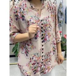 2024 Summer New Printed V-Neck Button Casual Loose Fashion Fashion Versatile Commuter Women's Half Sleeve Chiffon Shirt Tops