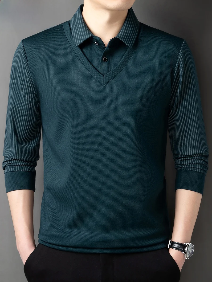 Hengyuanxiang Men's Long Sleeve T-Shirt Fake Two-Piece Loose Base Layer  Shirt Casual Fashion Urban Style Spring Autumn