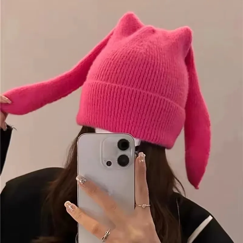 Lange Ohrmütze, gehäkelte Strickmütze, niedliche Hasenmütze, Hasenohren, Hüte für Damen, warme Wintermütze