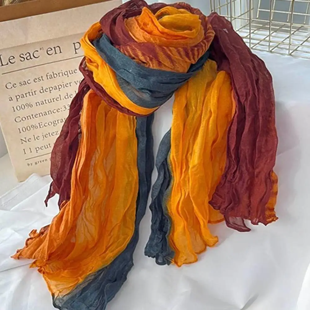 

Cotton Linen Scarf Retro Autum Winter Pleated Silk Long Shawls Muslim Crinkle Hijab Headscarf Gradient Color Crumpled Scarves