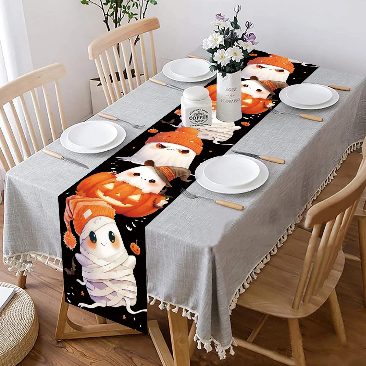 1pc Halloween Theme Cartoon Ghost Pattern Table Runner Halloween Table Cloth Dining Room Scare Halloween Party Decor