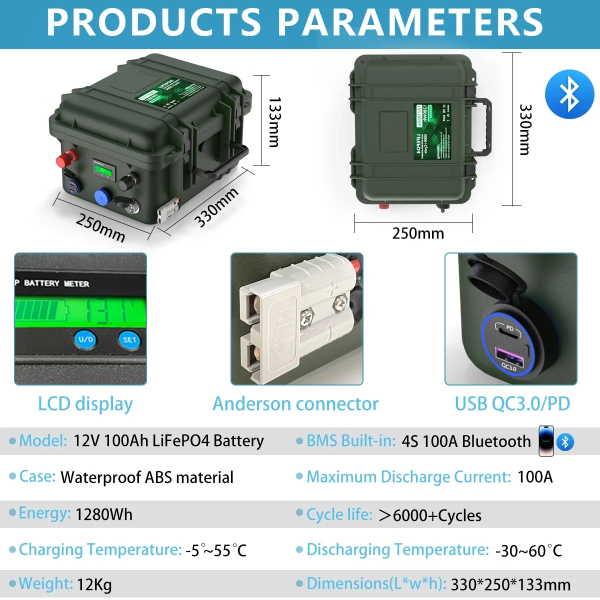 LiFePO4 12V 100AH 140AH 200AH Battery Pack 12.8V Lithium Battery 6000+ Cycles With Bluetooth BMS Grand A Cells For Boat RV