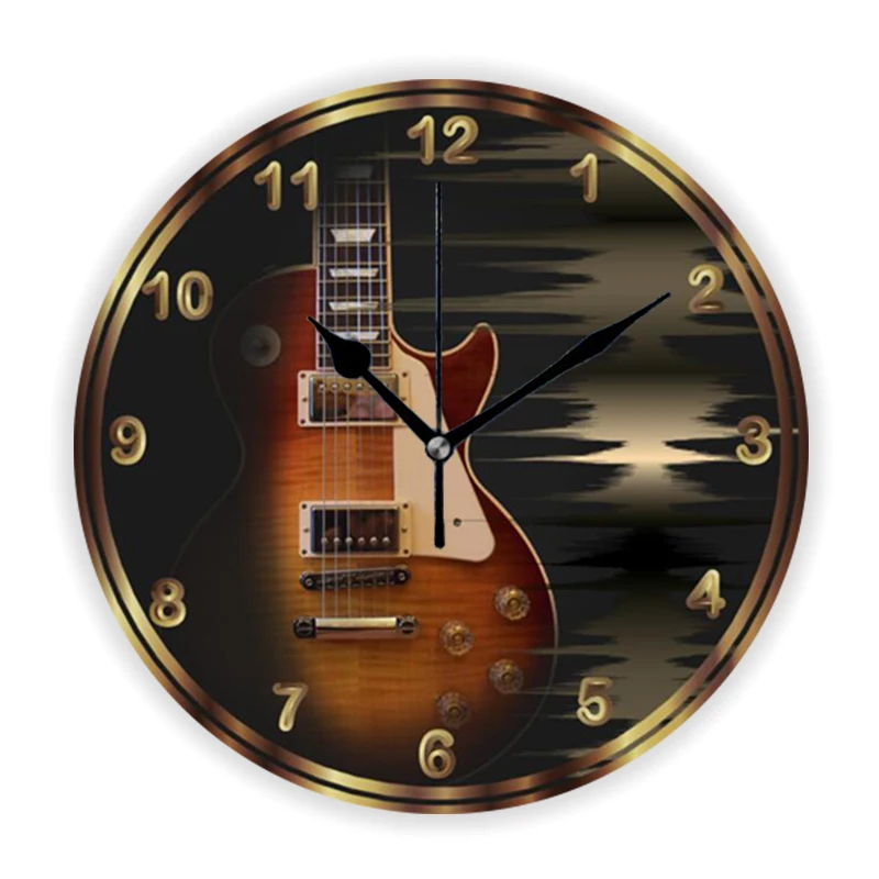 Cool Faded Electric Music Guitar Large Round Wall Clock for Musician Bedroom Living Room Bassist Bass Player Wall Watch Decor