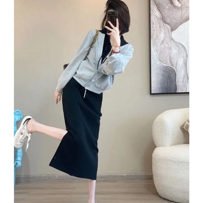 

2024 Spring Autumn Women's Sporty Hooded Sweatshirt Coats Skirts Two Piece Set Lady Casual Patchwork Jacket Half Skirt Outfits