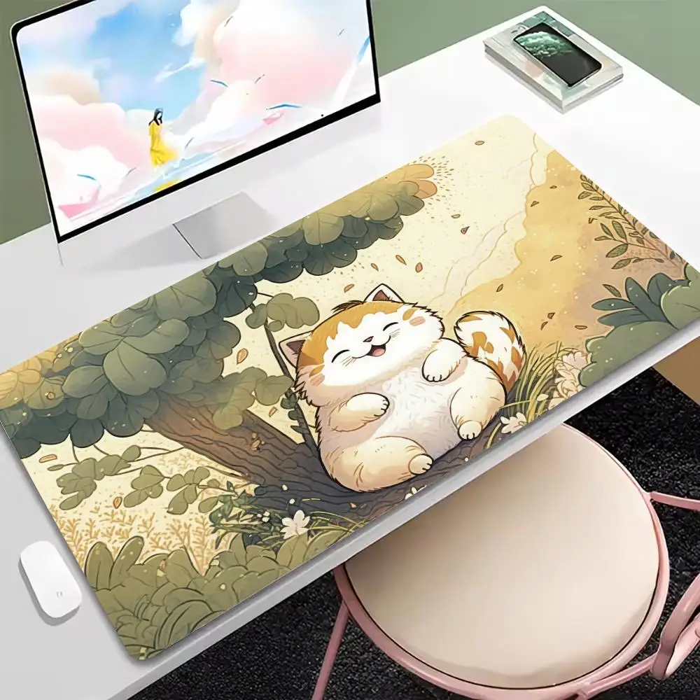 

Kawaii Cat with Green Plants Large Mouse Pad Non-Slip Rubber Base Stitched Edge Gaming Desk Mat for Office Computer Accessories