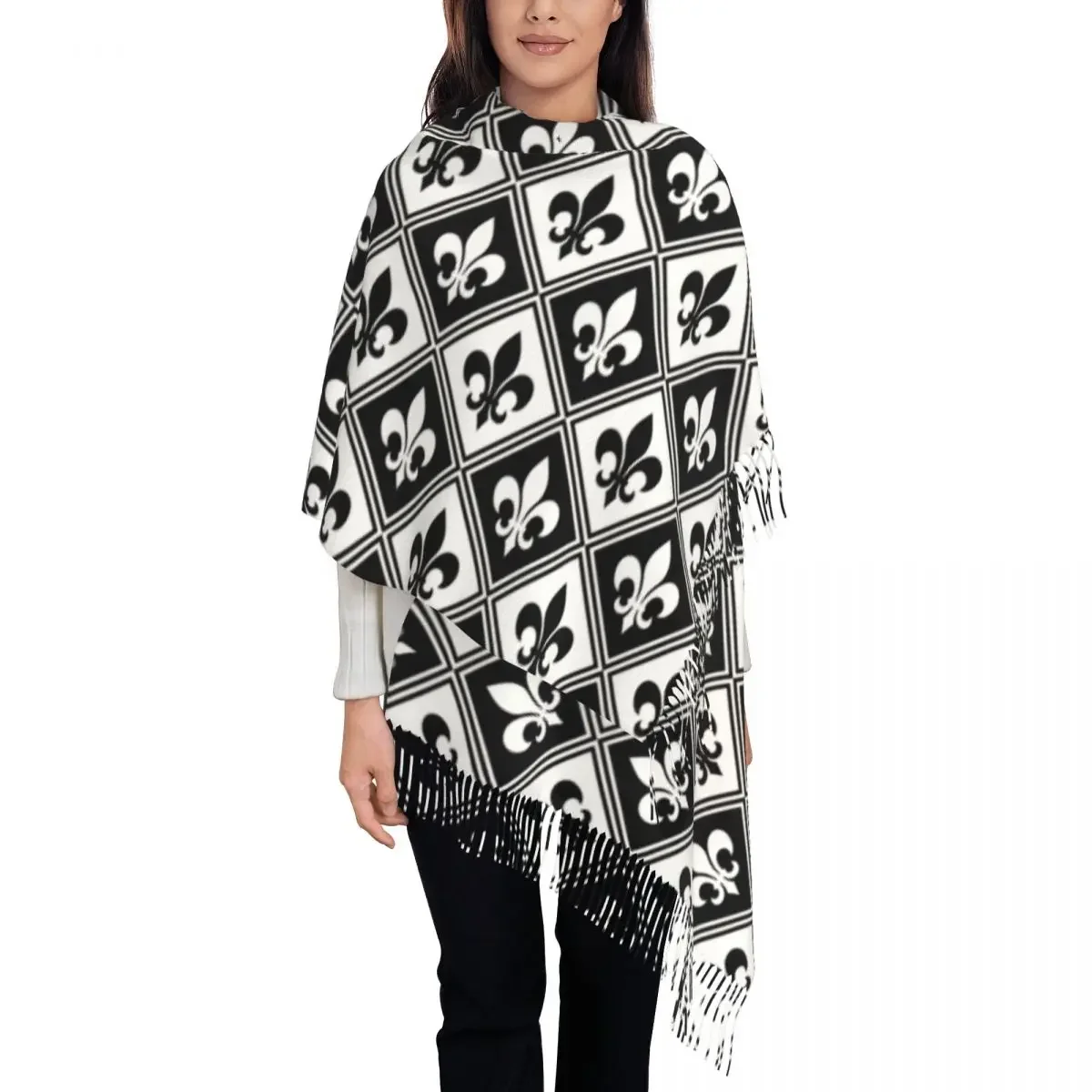 Black Fleur De Lis And Diamond Pattern Scarf Wrap Women Long Winter Fall Warm Tassel Shawl Fleur-De-Lys Lily Floral Scarves