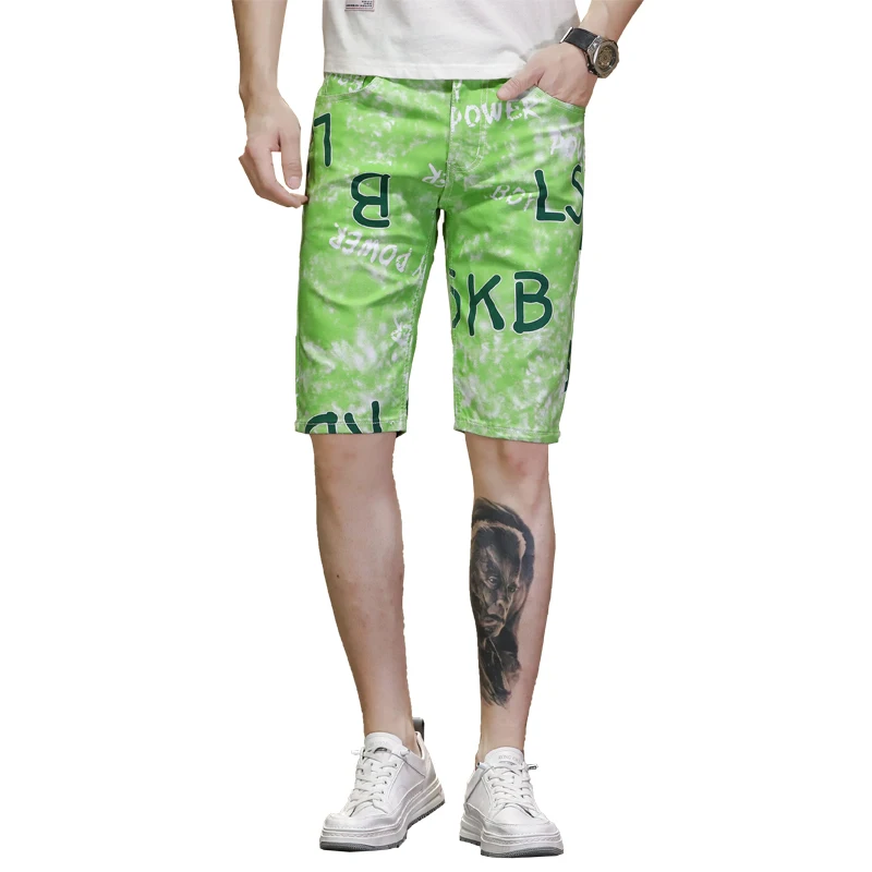 Summer Thin in Green Stretch Personality Printed Middle Pants Men's Slim Fit Fashion Straight Casual Cropped Beach Pants