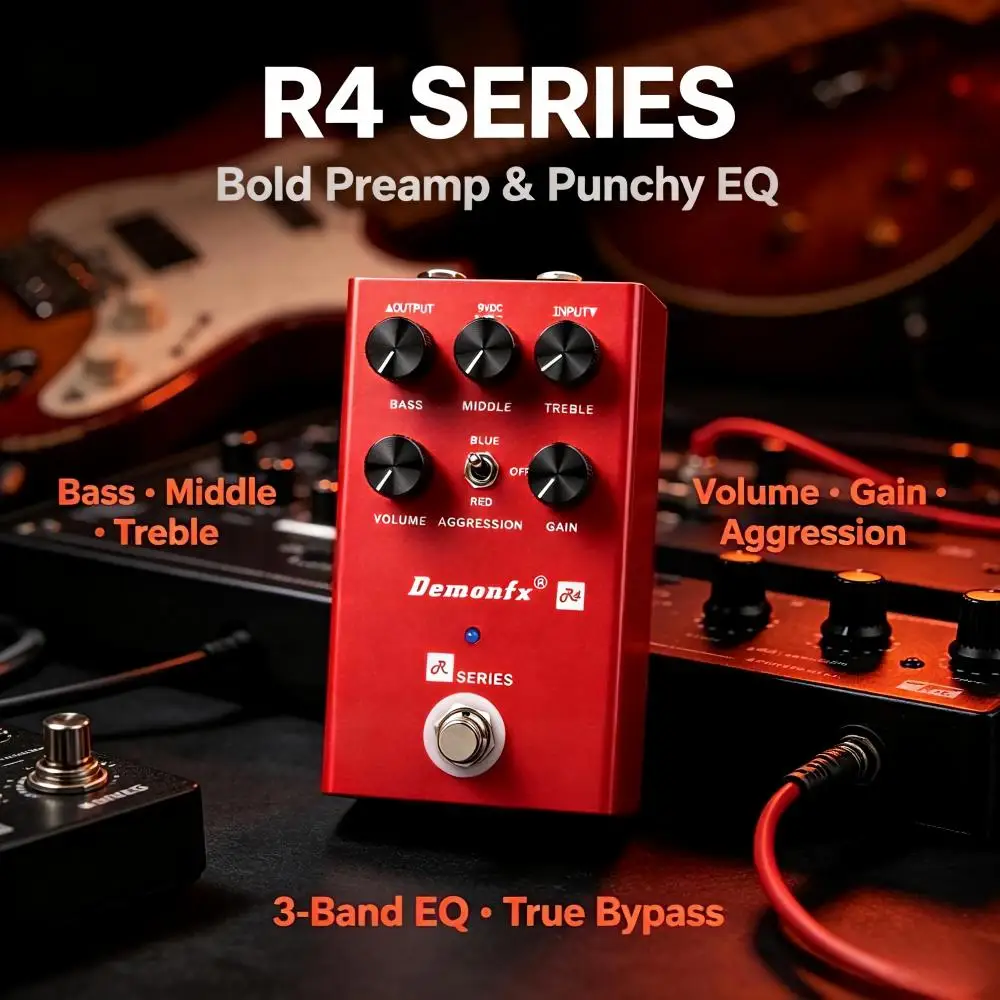 Demonfx R3 High Gain Distortion Preamp Guitar Effect Pedal 3-Band EQ Blue/Red Aggression Modes True Bypass For Metal Rock Electr