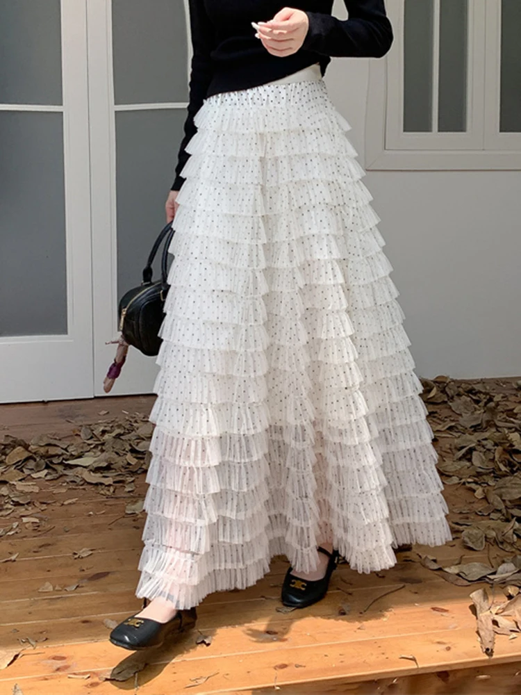 

Весна-лето Новая французская кружевная сетчатая юбка-торт для женщин Модная милая юбка трапециевидной формы в горошек с высокой талией и большими качелями S362