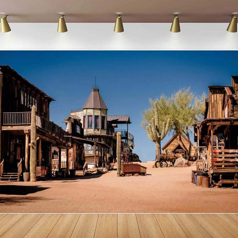 

Wild Western Landscape Photography Backdrop Wooden Buildings Old Ghost Town Rustic Country Barn Saloon Desert Cactus Background