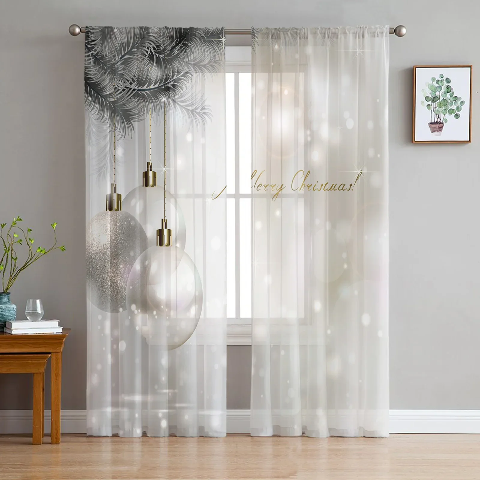 Christmas Ball Chandelier Glitter Living Room Voile Curtains Home Balcony Drapes Tulle Curtains for Bedroom Window Treatment