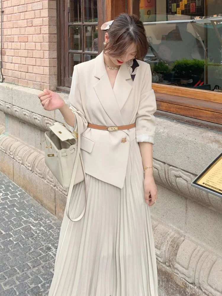 Temperament Spring and Autumn Blazer Splicing Design Dress for Office Lady Women\'s Trendy Waist Folding Pleated Dresses