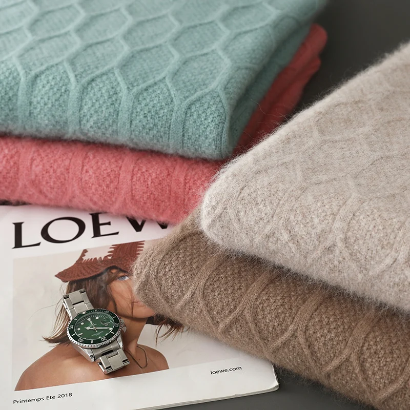 Fall/Winter New Round Neck 100% Mink Cashmere Sweater Men's Twisted Flowers With Loose Knit Bottoming Shirt