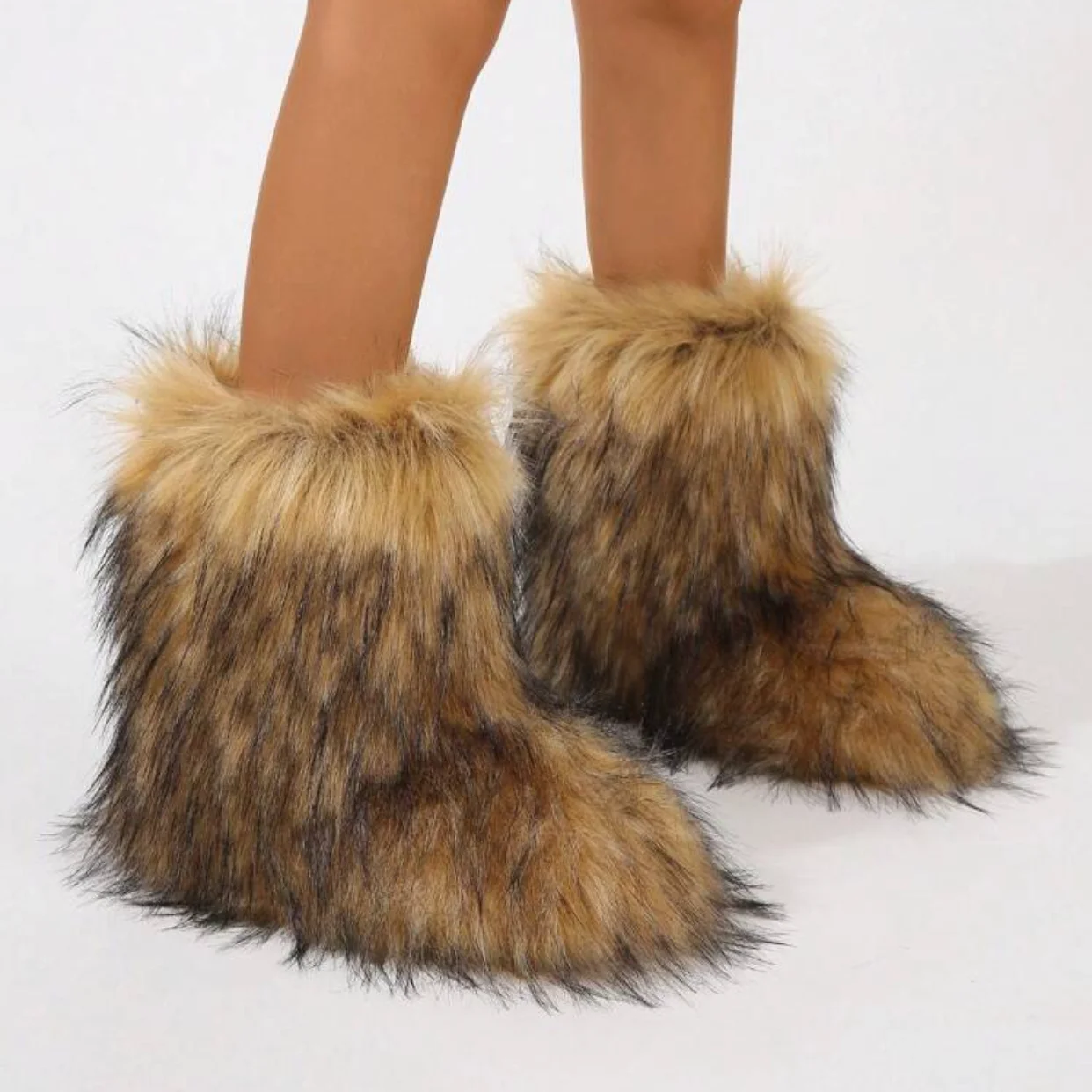 Women Faux Fur Boots Winter Fluffy Plush Warm Mid Calf Snow Boots Luxury Fashion Furry Boots Comfortable Outdoor Flat Shoes