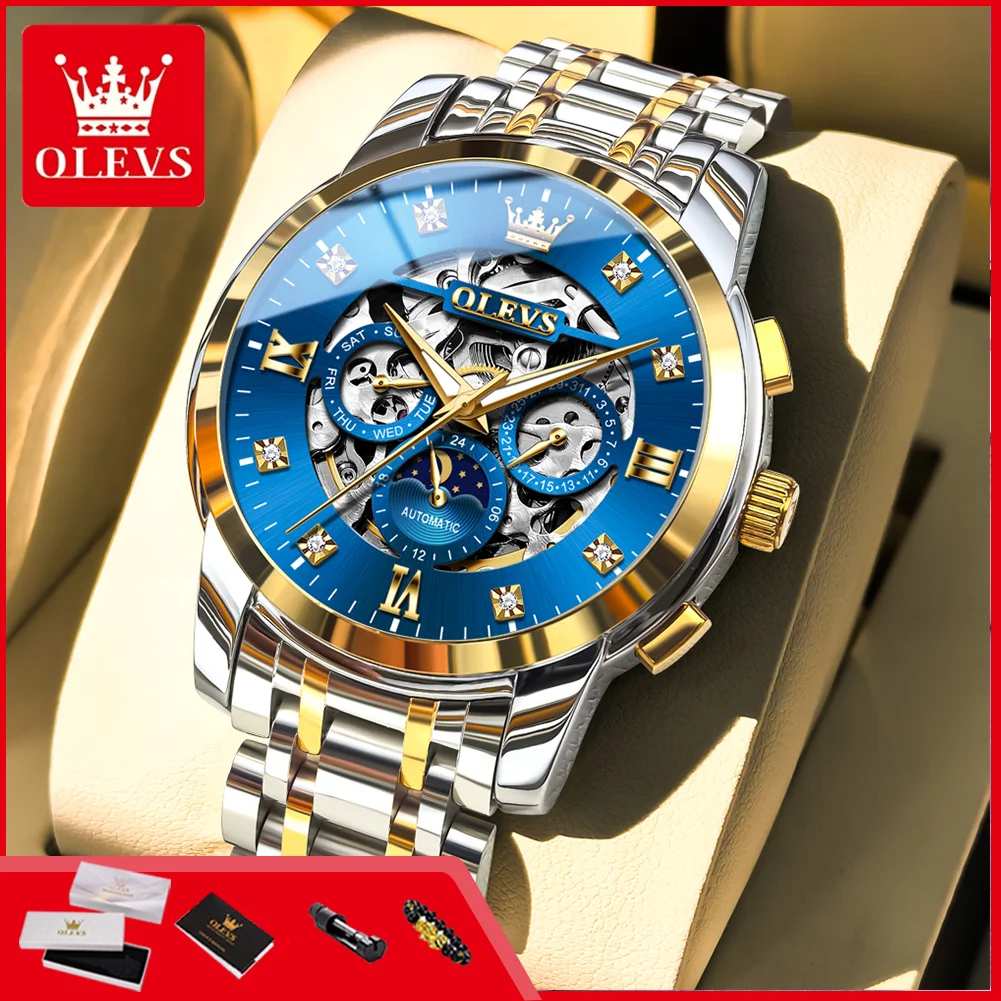 

OLEVS 6721 Original Exclusive Men's Wristwatch Skeleton Luminous Moon Phase Waterproof Watch for Man Automatic Mechanical Watch