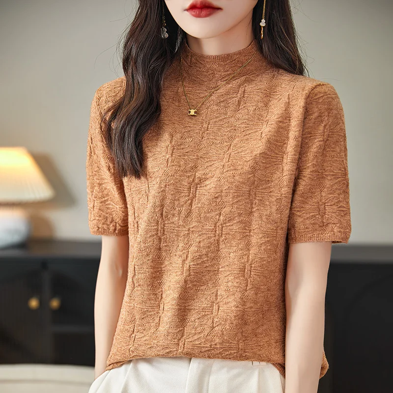 2024 Summer Women\'s Sweater Short Sleeve Pullover T-shirt Pure Wool Knitwear Half High Neck Loose Versatile Slim Fit Fashion Top