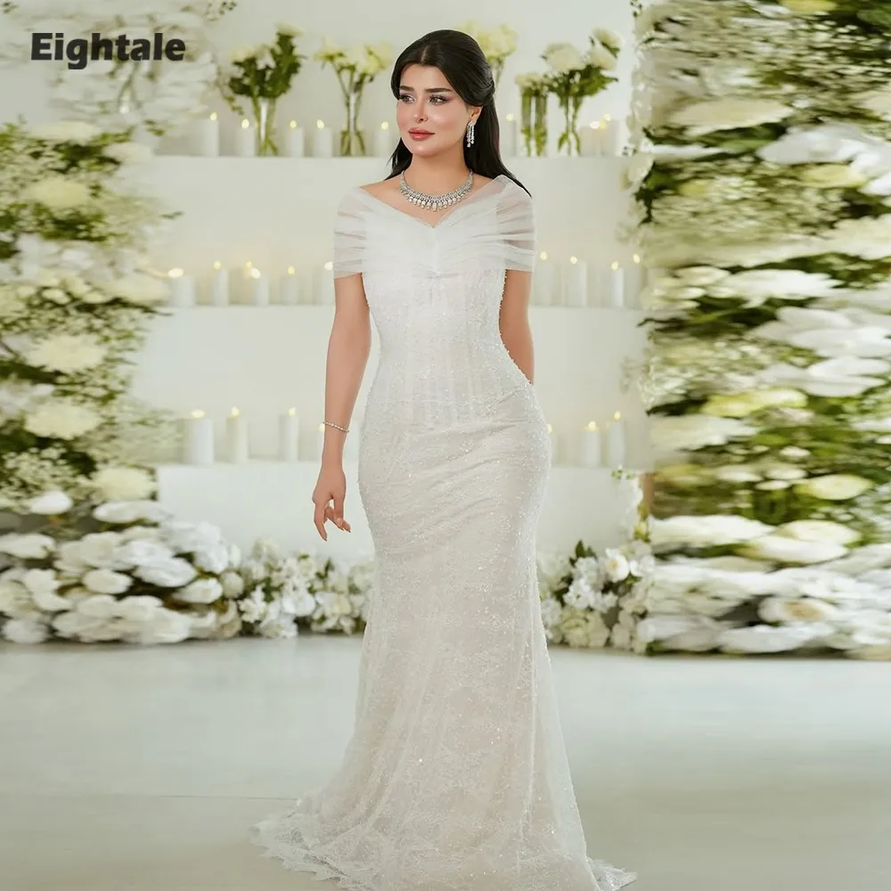 Robe de mariée arabe de quatre-quarts, épaules dénudées, dentelle, perles, personnalisée, blanc ivoire, robe de mariée musulmane, robe de soirée sirène