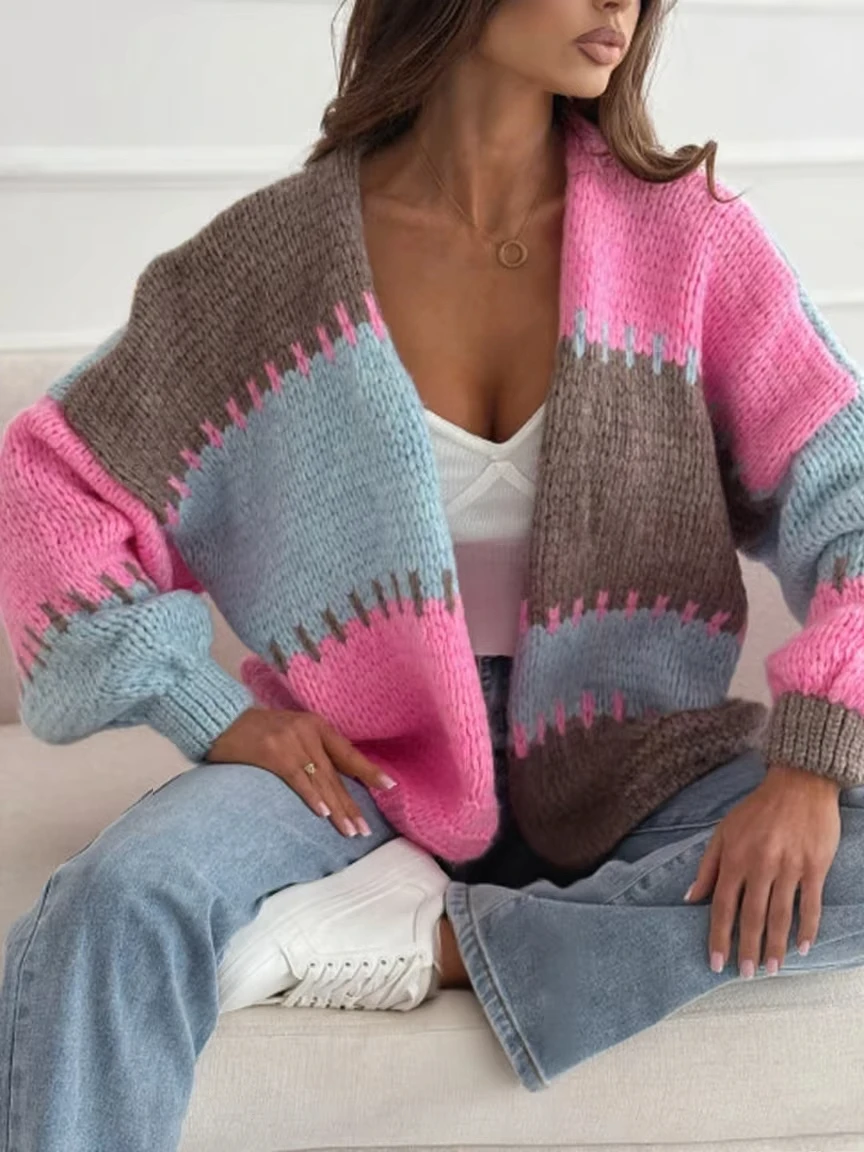 

Women's contrasting casual lantern sleeve cardigan sweater loose soft comfortable knit sweater jacket