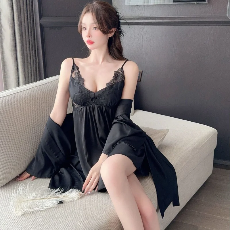 

Nightgown Female Summer Satin Halter Pure Desire Wind Sexy Lace 2025 New Senior Skirt with Corset Pajamas Robe Two-Piece Set