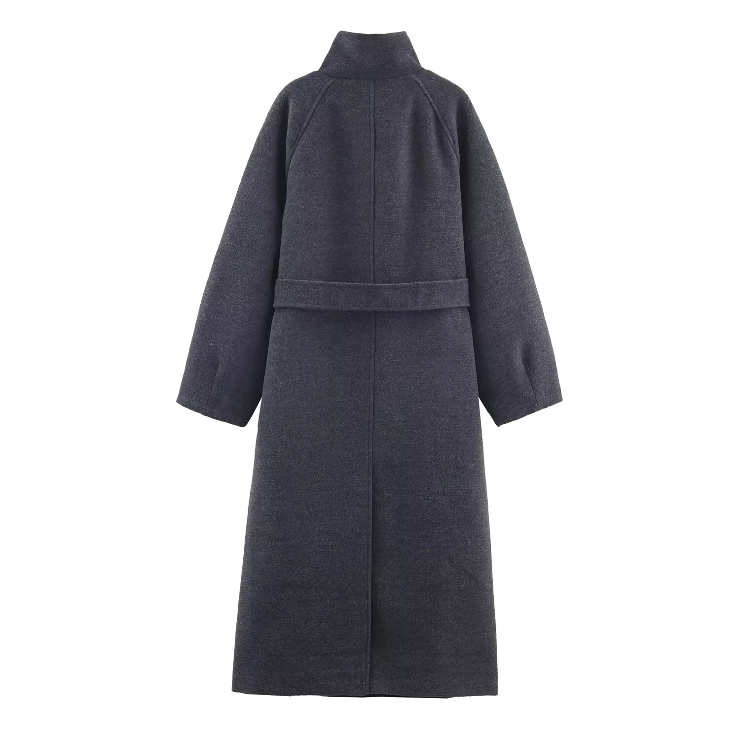 European and American style women's clothing new fashion versatile solid color long sleeved stand up collar belt coat jacket