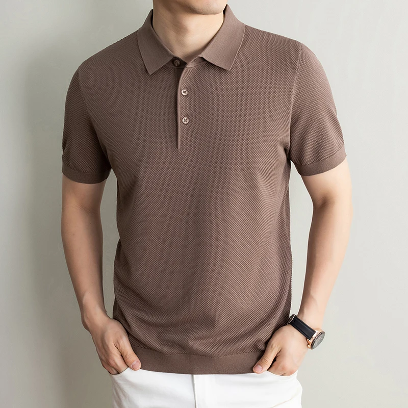 High Quality Lyocell Spring Summer Men's Business Polo Neck Short Sleeve Pullover Solid Color Pineapple Pattern Polo Shirts Tops