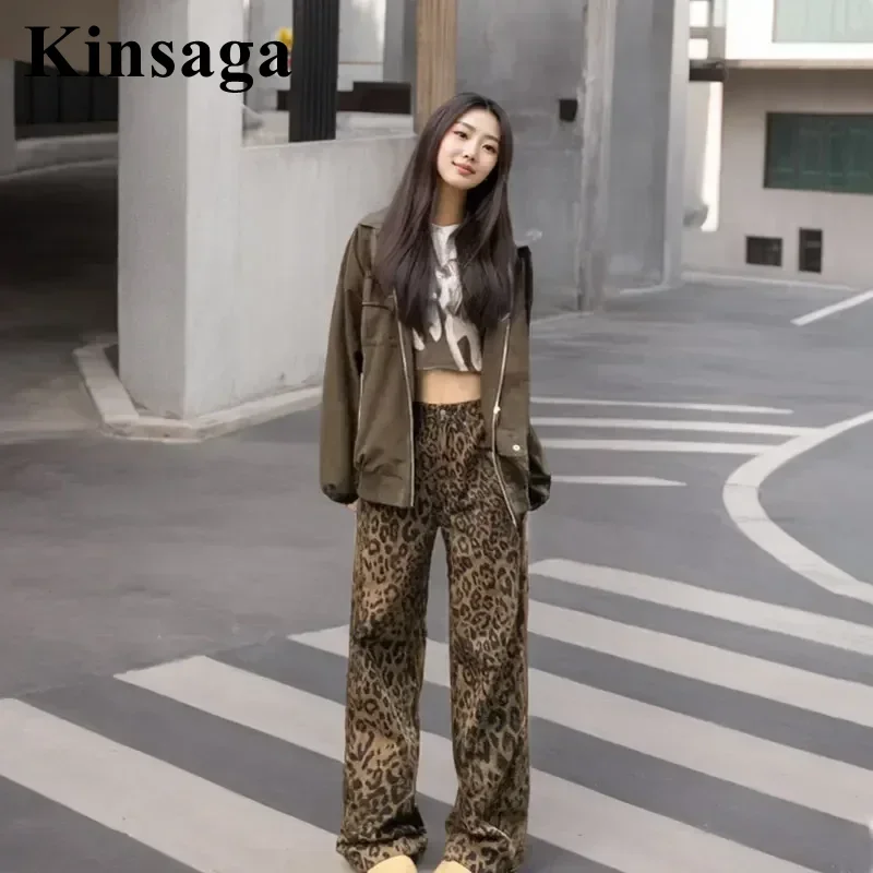 Kinsaga Leopard Print Narrow Straight Jeans Korean Fashion Wide Leg Mopping Denim Pants Female Pear-shape Draped Pants