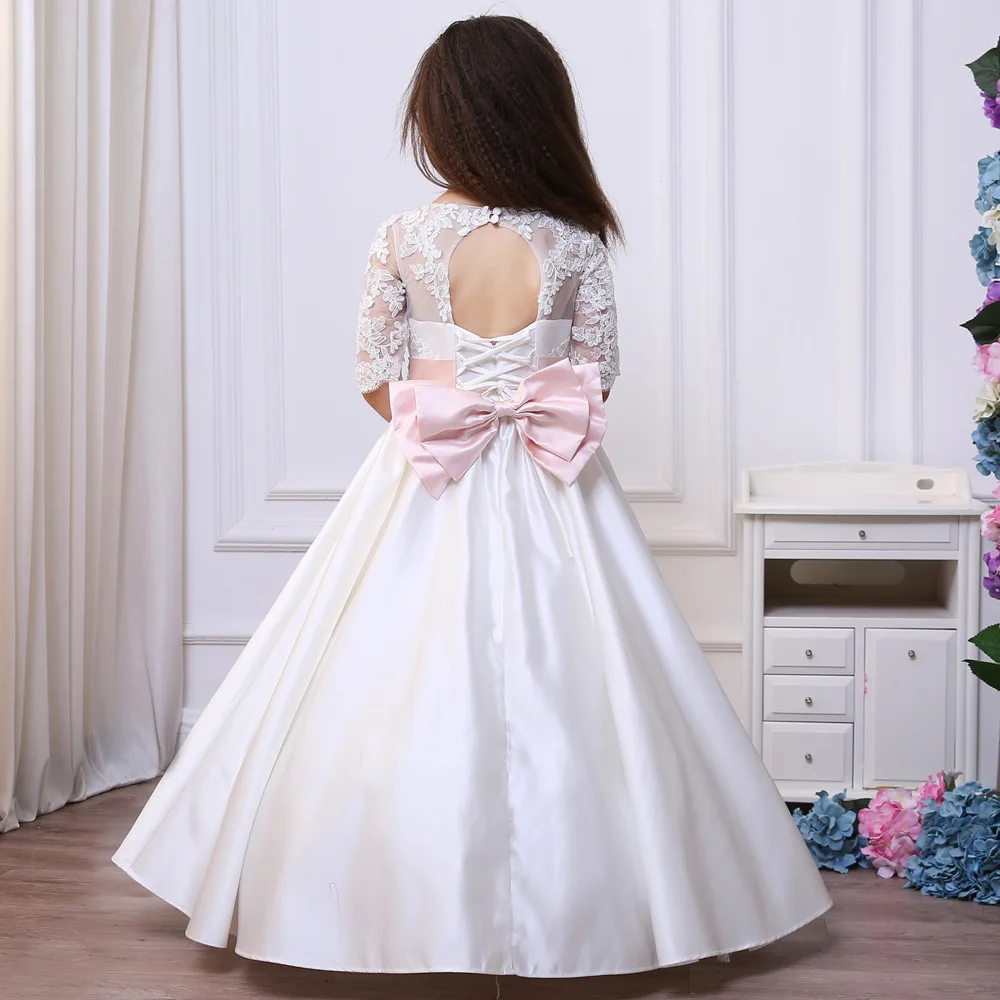 Mezze maniche Flower Girl abiti per matrimoni a-line Appliques fiocco di perline lunghi abiti da prima comunione per ragazza ittle Kids Baby